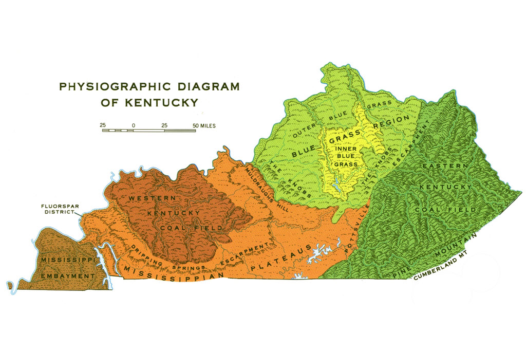 Regions of Kentucky, with the Pennyroyal Plateau shown in light brown (labeled as the Mississippi Plateau)