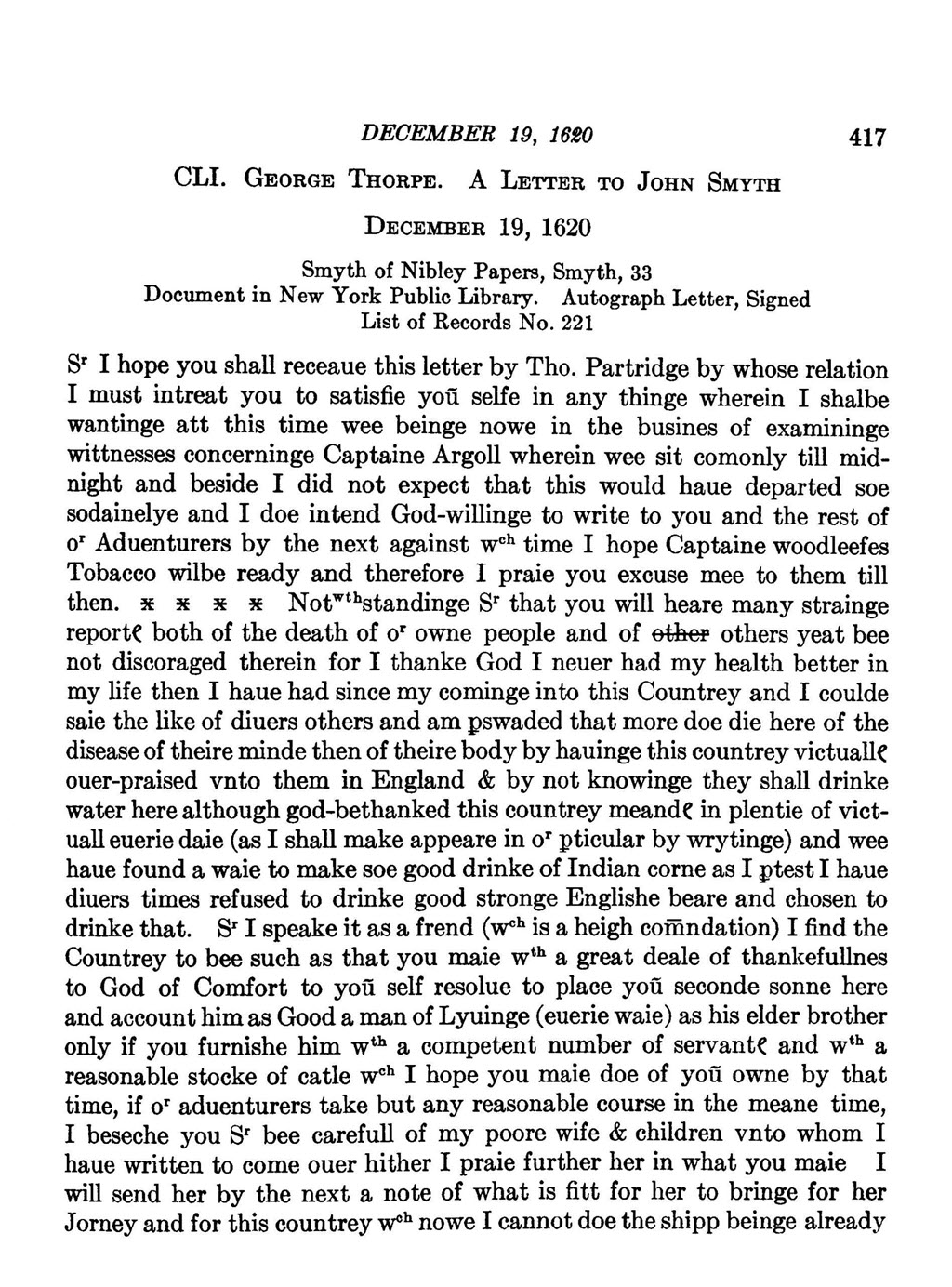 George Thorpe letter to John Smyth, Dated Dec. 19, 1620 Page 1