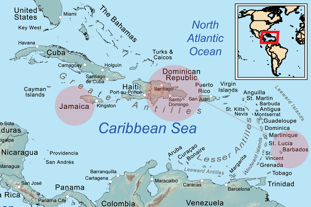 Caribbean Map - Barbados, Dominican Republic and Jamaica Map