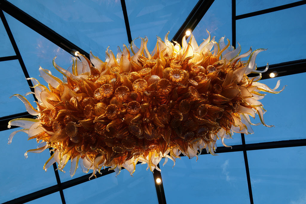 Maker's Mark Distillery - 2025 Chihuly Exhibit, 2 Amber and New Oak Chandelier in the Day