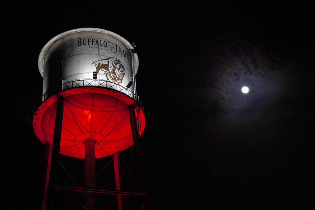 Buffalo Trace Distillery - Spirited Nights, Water Tower Lit Up for Christmas 2025 Red