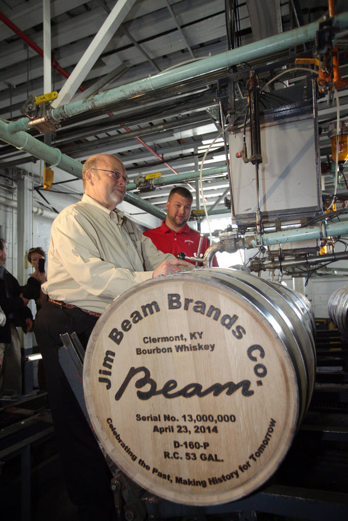 Jim Beam Distillery - 7th Generation Master Distiller Fred Noe and 8th Generation Distiller Freddie Noe Fill the 13 Millionth Barrel of Jim Beam Bourbon, April 23, 2014