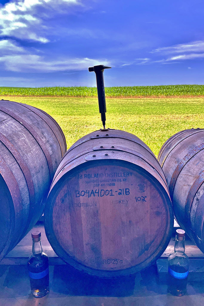 MB Roland Distillery - Barrels of Bourbon and Rye Whiskey Aging in the Sunset